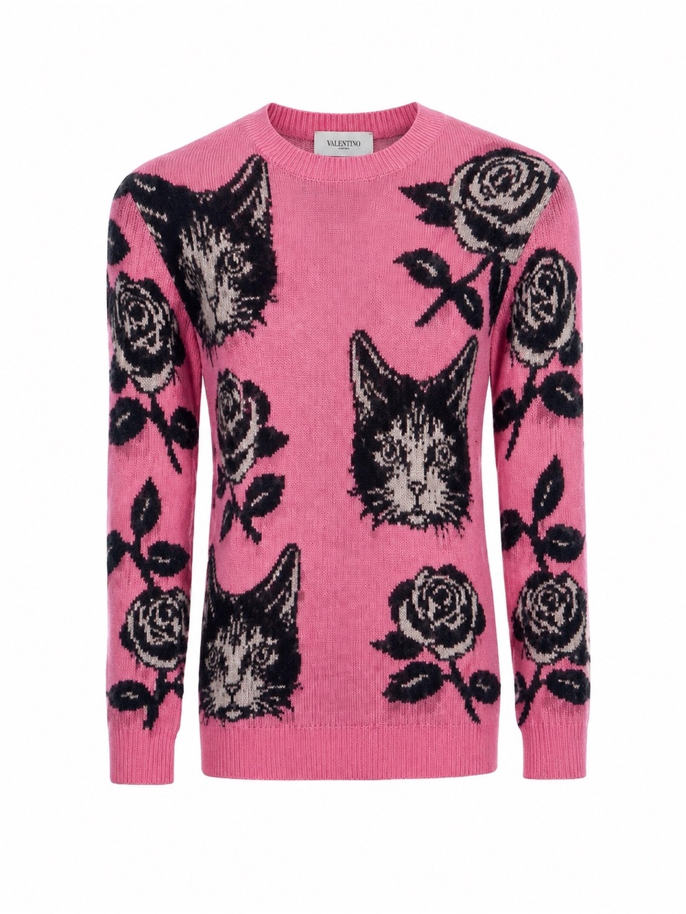 New with Tag! Oxknit Women's Pink Cat & Rose Crewneck Sweater sz M - Picture 2 of 9